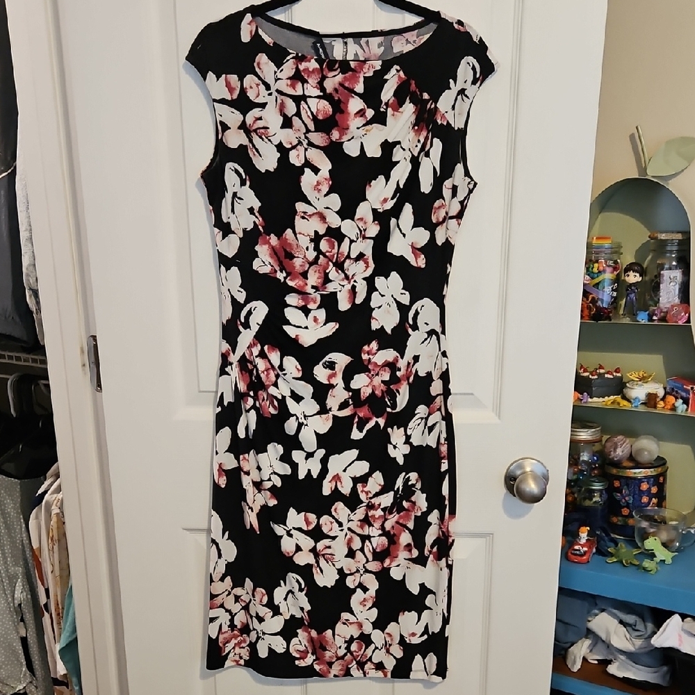 American Living Black and Pink Floral Midi Dress